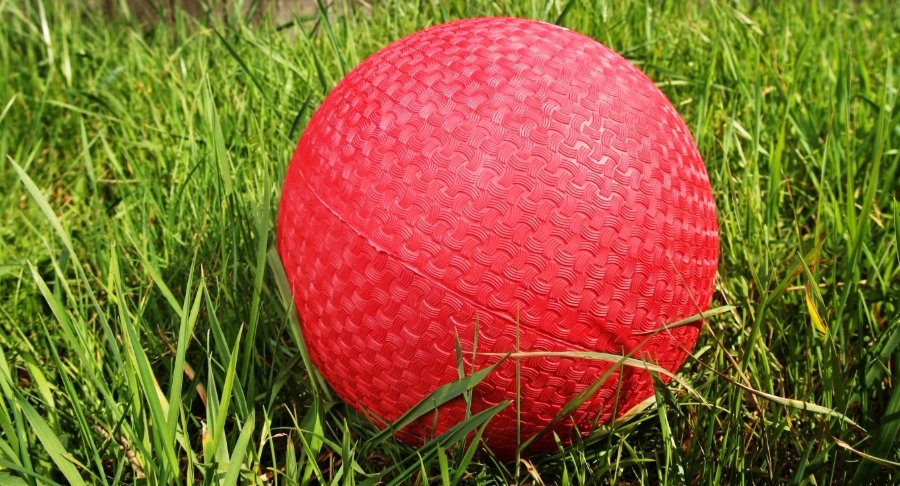 Red kickball laying on grass.